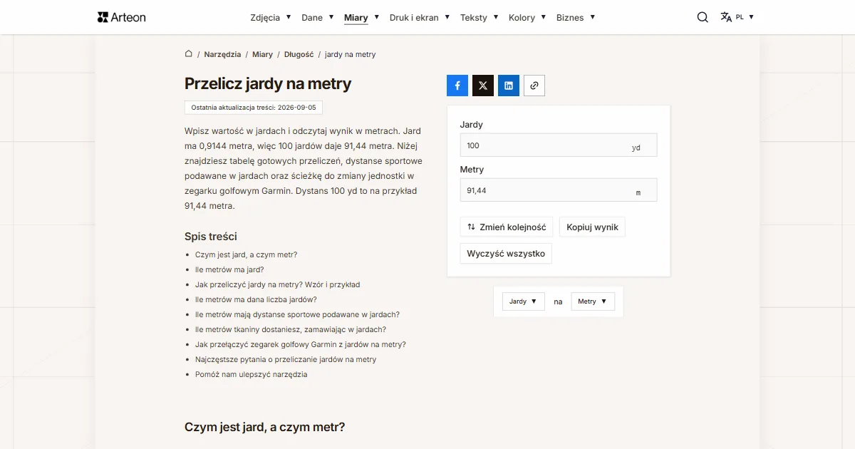 Zrzut ekranu darmowego narzędzia Arteon: Przelicz jardy na metry