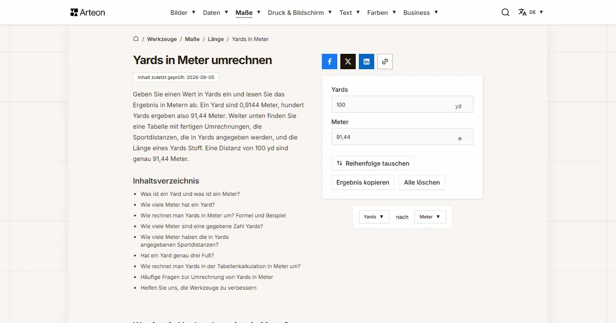 Screenshot des kostenlosen Arteon-Werkzeugs: Yards in Meter umrechnen