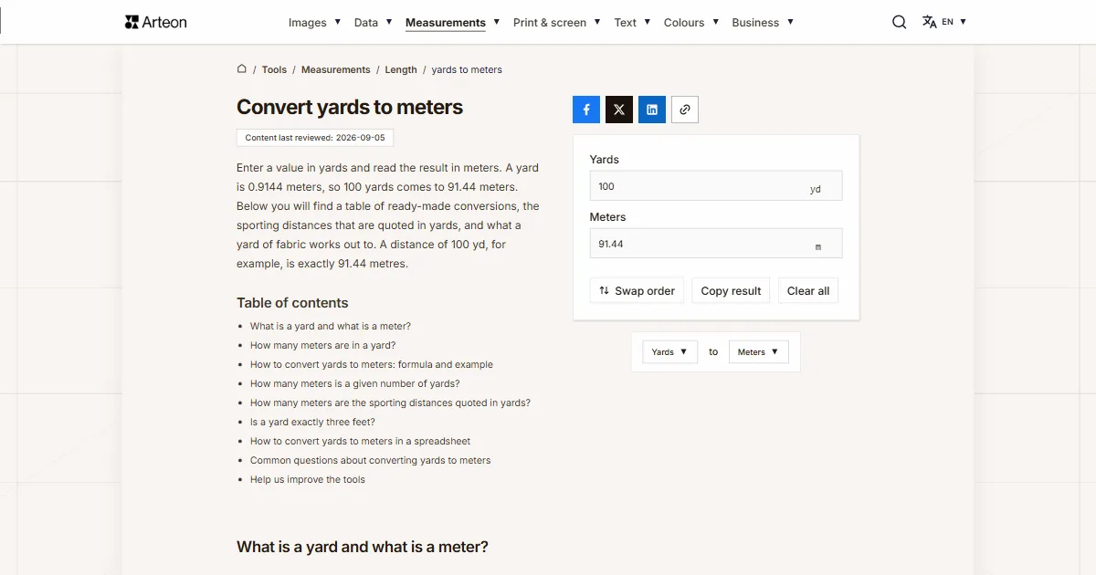 Arteon free tool screenshot: Convert yards to meters