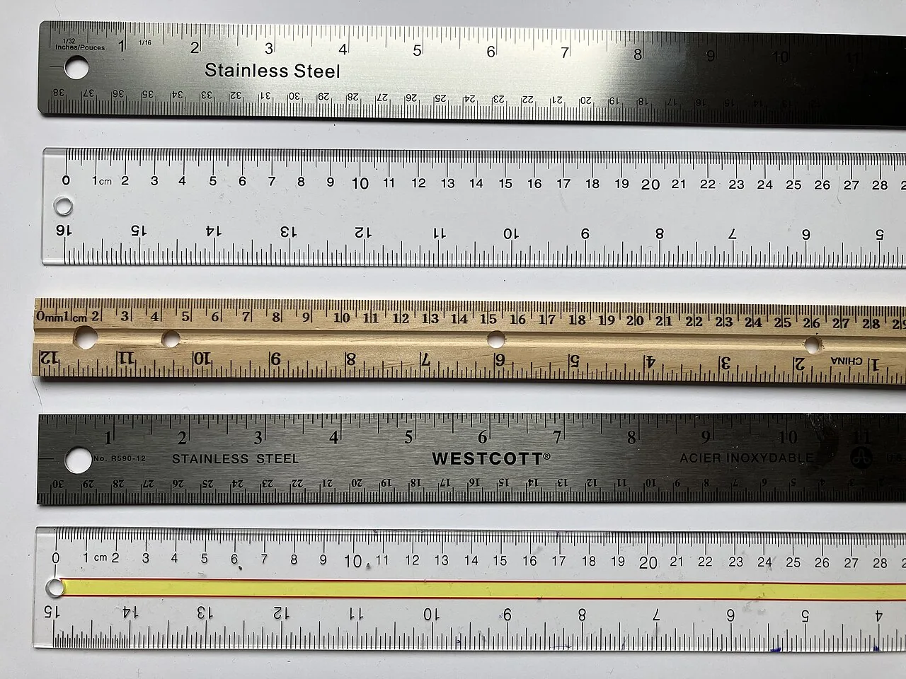 Five rulers with a centimetre scale on one edge and an inch scale on the other