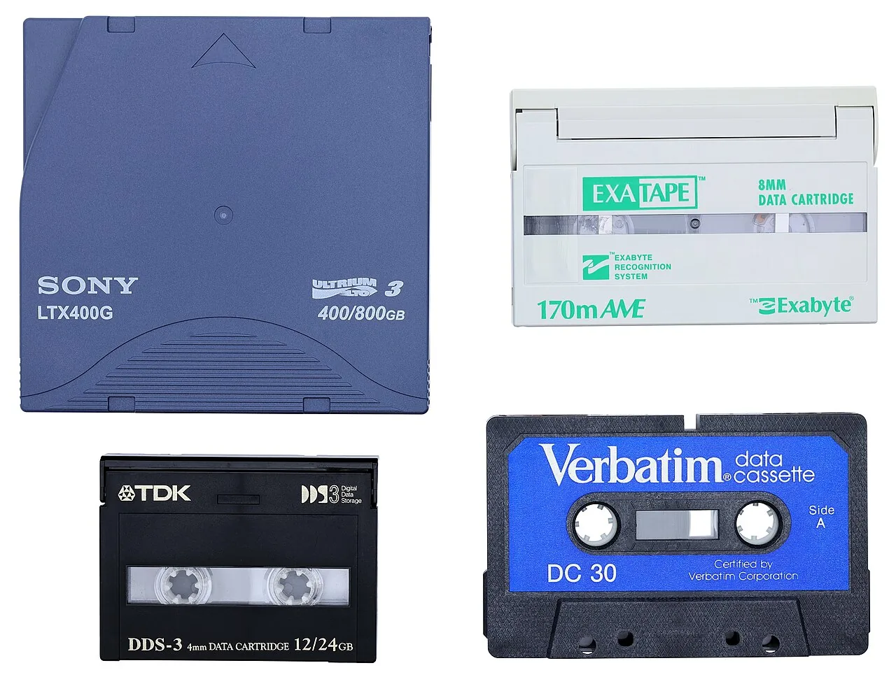 Four data tape cartridges, among them an LTO-3 and a DDS-3