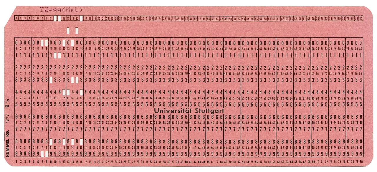 A punched card with eighty numbered columns and punched holes