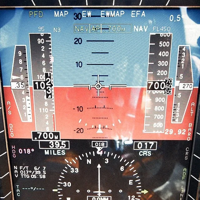 Aircraft cockpit display showing altitude in feet and distance in miles