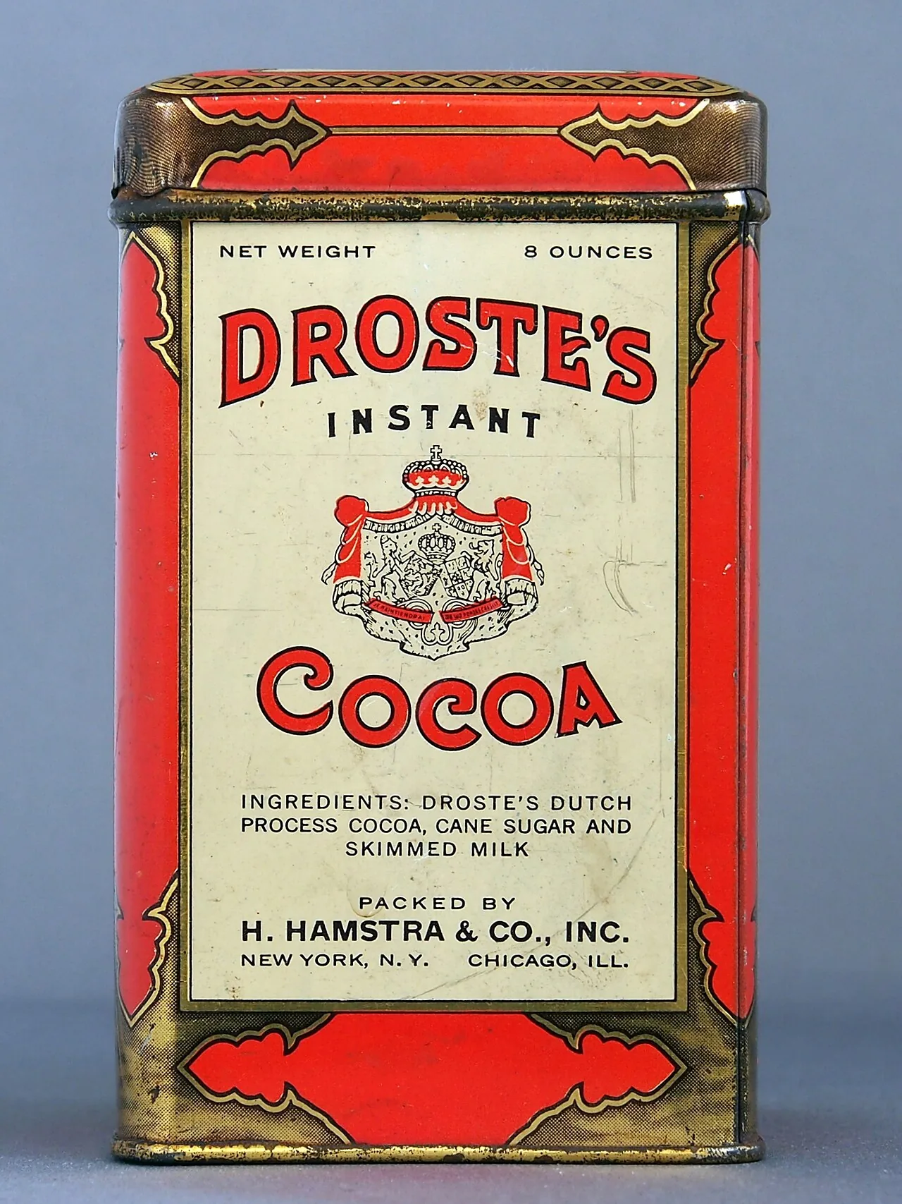 Cocoa tin labelled NET WEIGHT 8 OUNCES