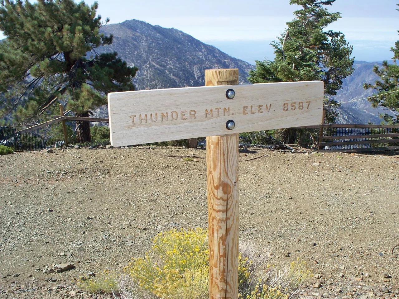 Wooden summit sign stating an elevation of 8,587 feet