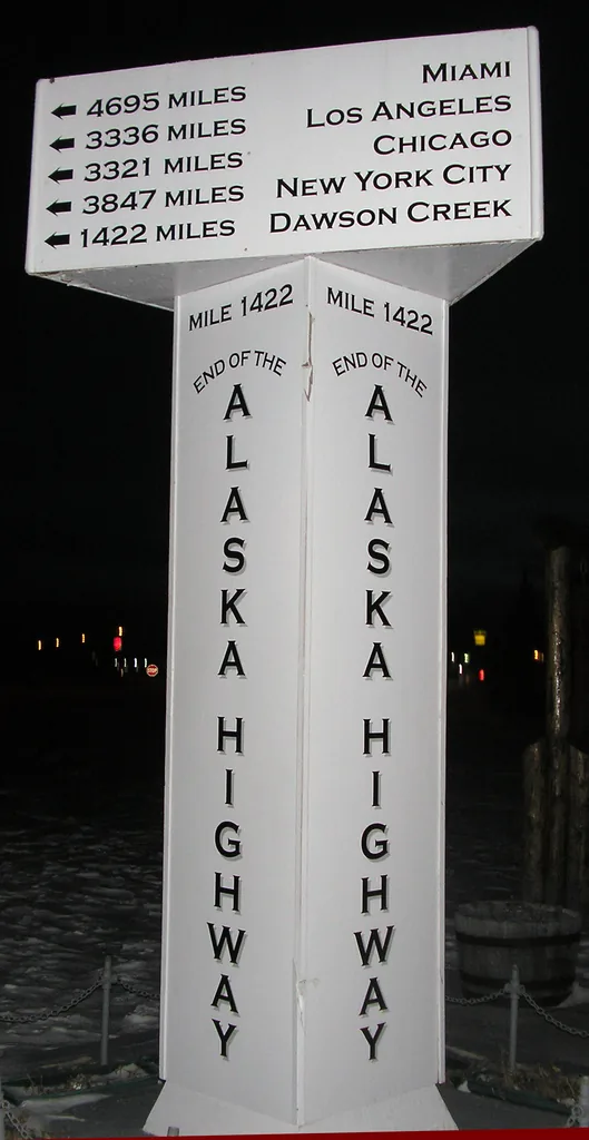 A white signpost reading END OF THE ALASKA HIGHWAY with distances given in miles