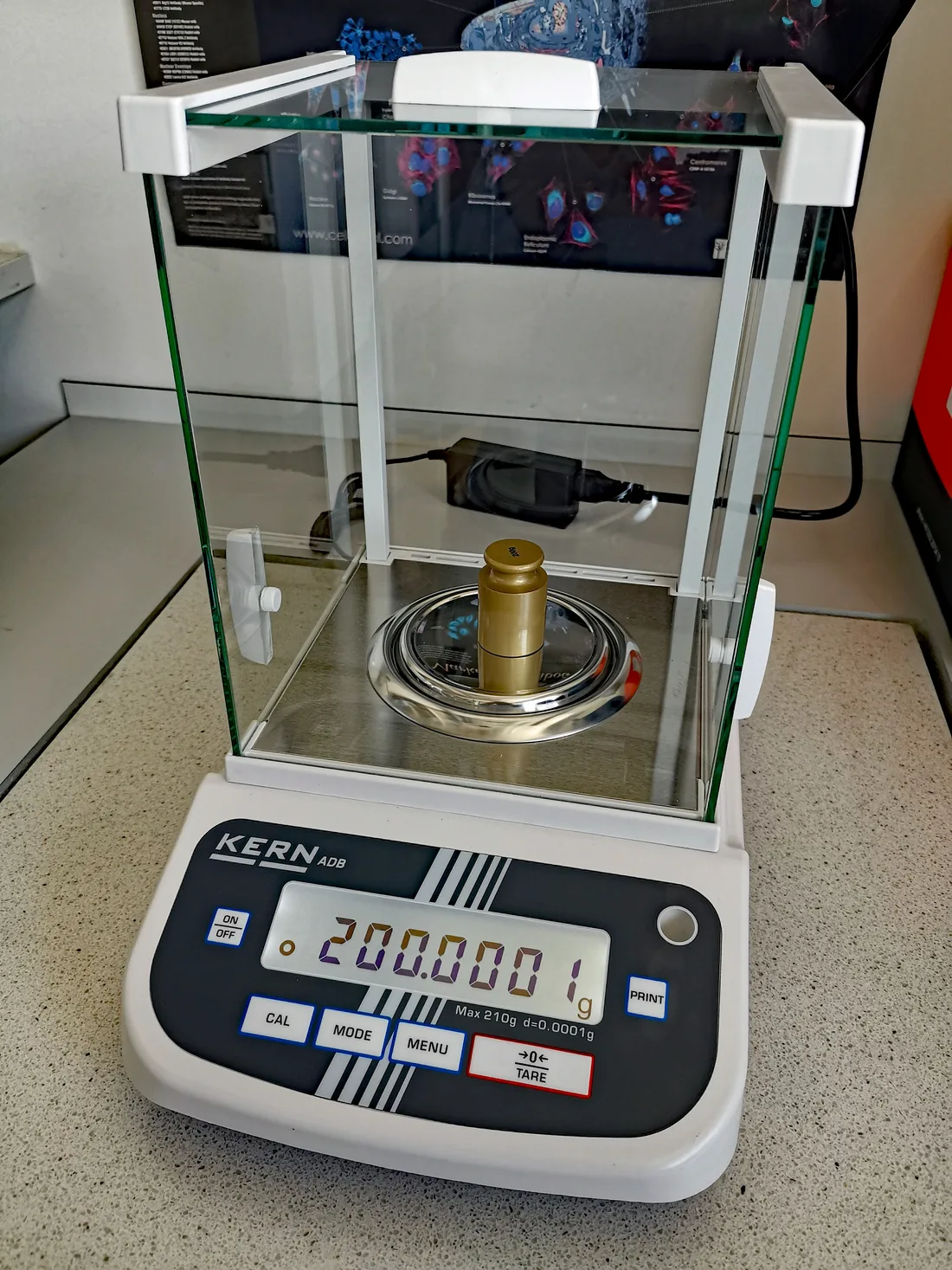 A Kern analytical balance with a weight on the pan, the display reading 200.0001 g