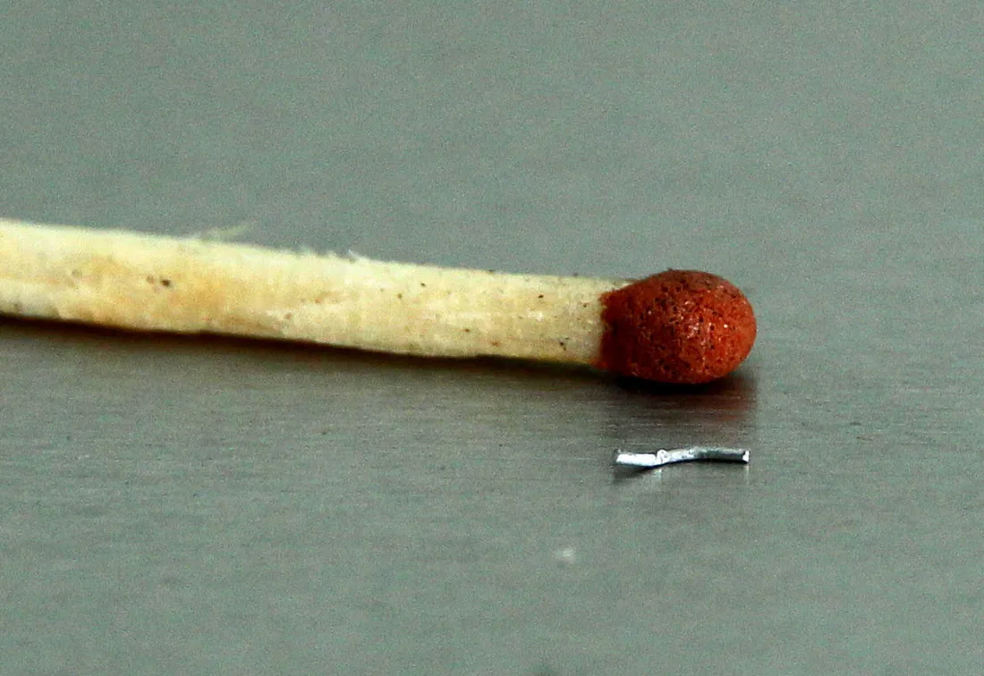A calibration weight of a few milligrams, next to a matchstick head for scale