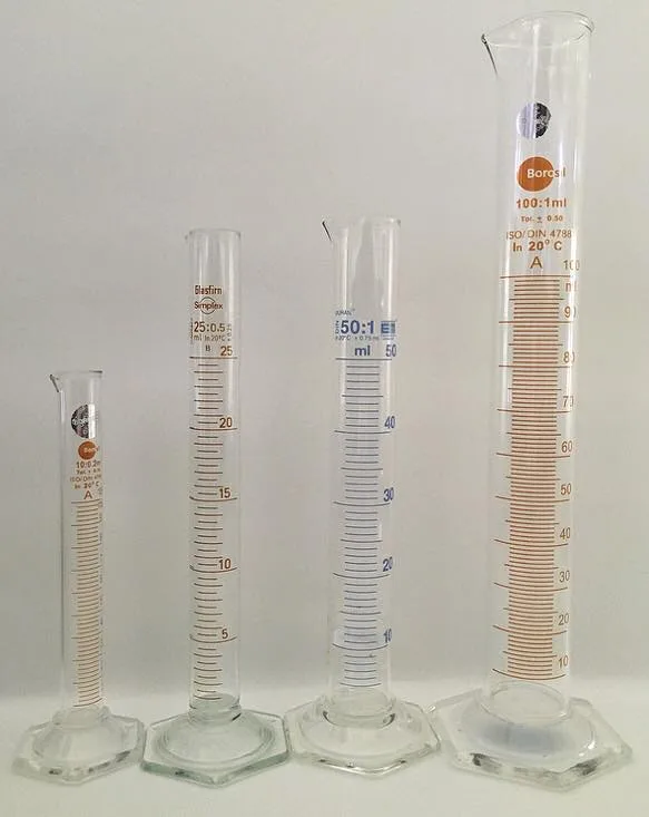 Four graduated cylinders with millilitre scales: 10, 25, 50 and 100 ml