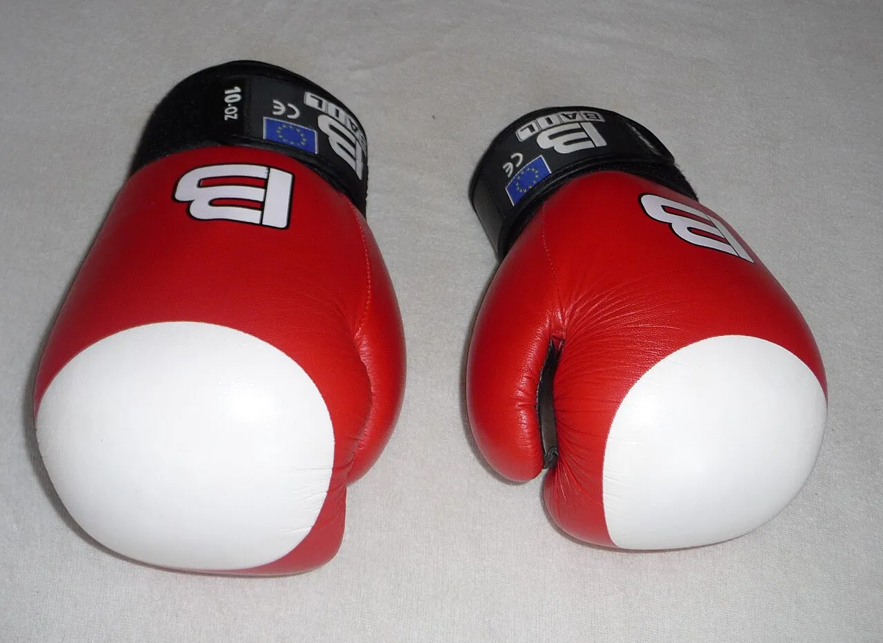 Pair of red boxing gloves with 10-OZ printed on the cuff