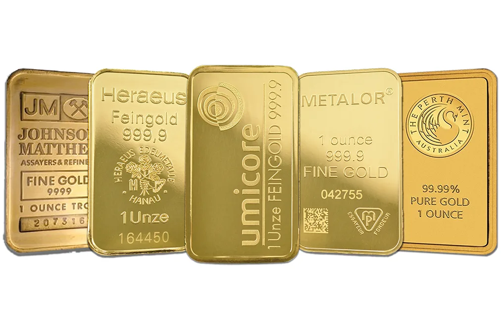 Five investment gold bars stamped 1 OUNCE TROY, 1 Unze and 1 ounce