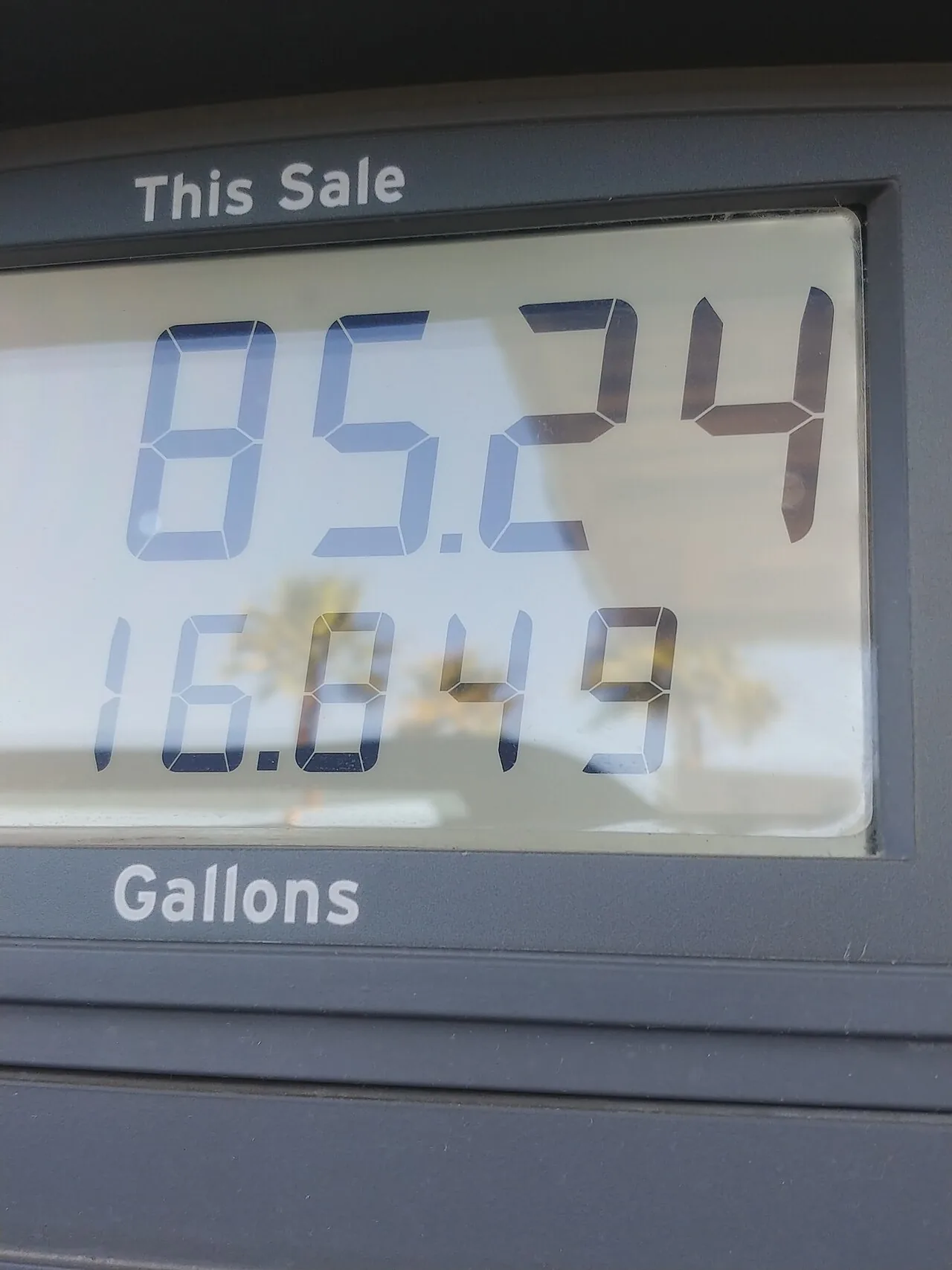 Fuel pump display showing $85.24 for 16.849 gallons
