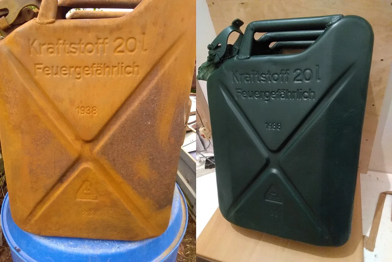 Metal military jerrycan from 1938, one original and one restored